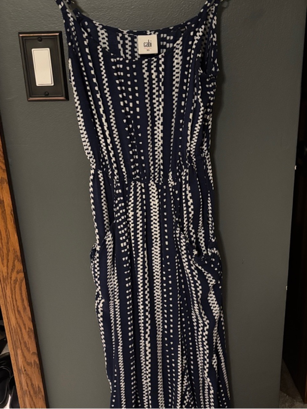 CAbi Navy & White Vertical Stripe Maxi with Spaghetti Straps